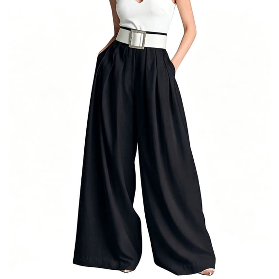 SAWOBUUN Women High Waist Wide Leg Pants with Belt Pleated Flowy Palazzo Elegant Casual Pants with Pockets
