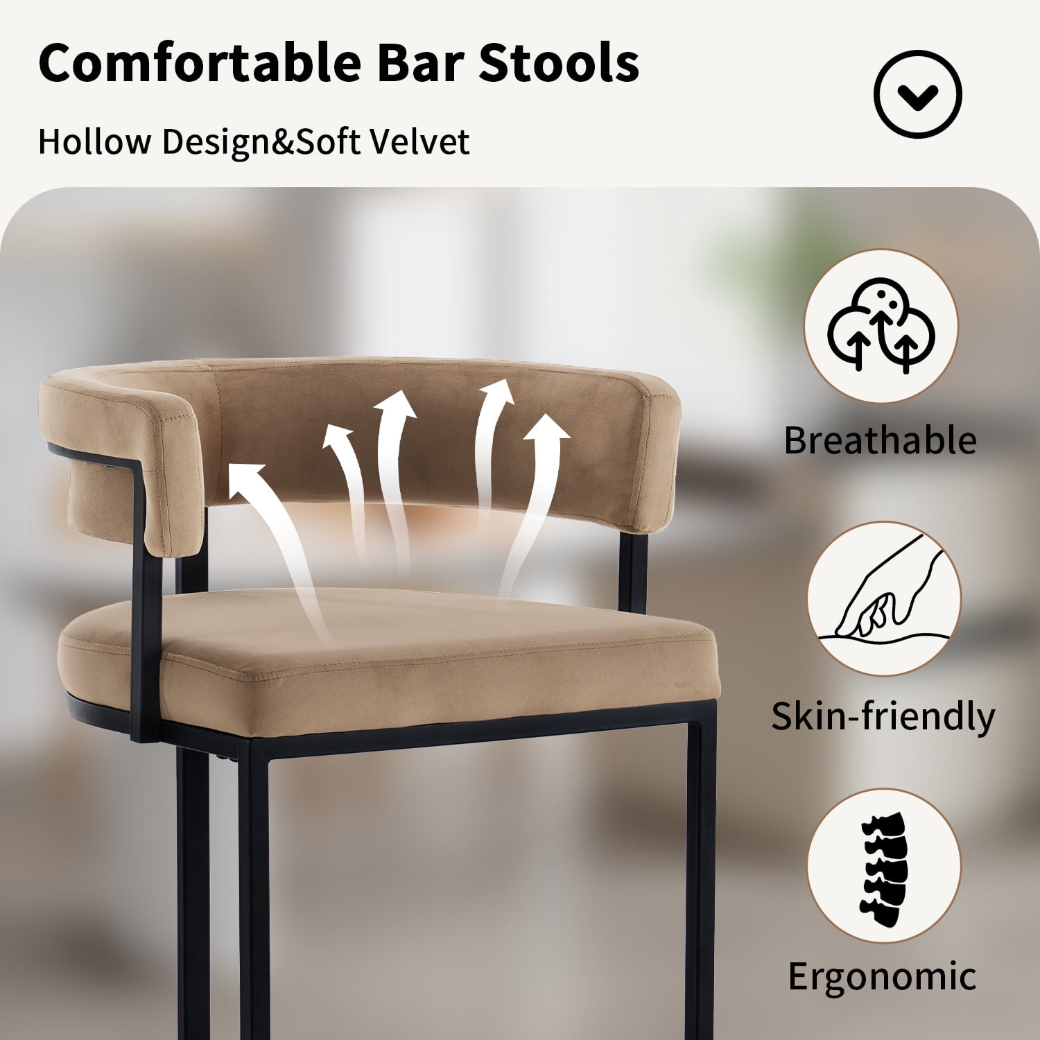 Set of 2 Beige Modern Velvet Bar Stools with Barrel Backrest, Upholstered Seat, Metal Footrest 25.6 Inch Seat Height, Ideal for Counters, Home Bars, and Kitchen Islands