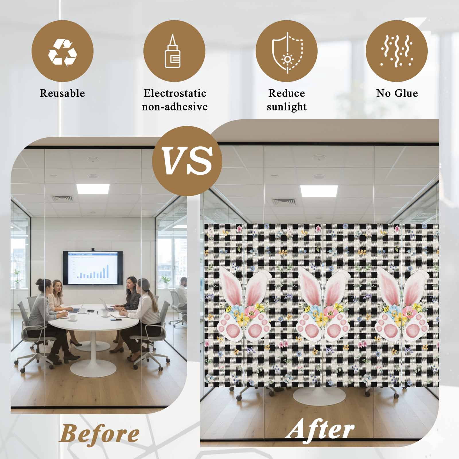 Easter Rabbit Window Privacy Film, Spring Bunny Ears Foot Floral Black White Plaid Frosted Glass Window Clings Static Cling UV Heat Blocking Reusable Door Sticker for Bathroom 23.6 x 59 Inch