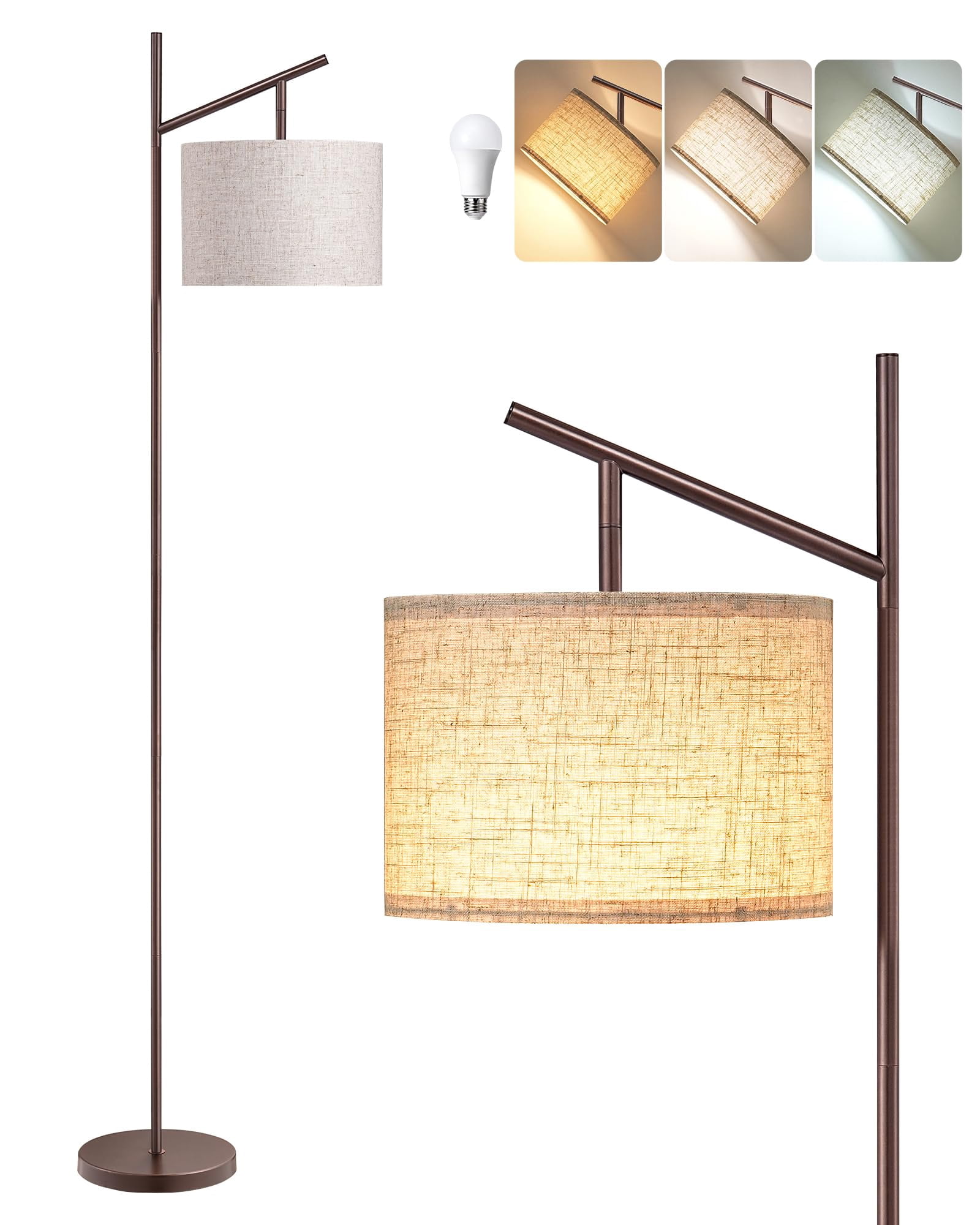 64.7" Modern Minimalist Brown Floor Lamp with Adjustable Linen Shade for Living Room Bedroom Office