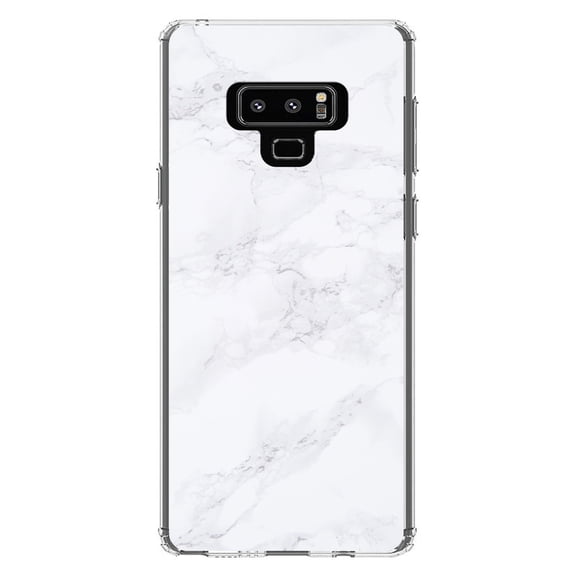 DistinctInk Clear Shockproof Hybrid Case for Samsung Galaxy Note 9 - TPU Bumper, Acrylic Back, Tempered Glass Screen Protector - White Grey Marble Carrara