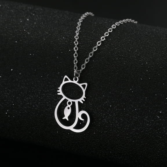 EUEAVAN Silver Cat Hanging Fish Pendant Necklace Stainless Steel Jewelry