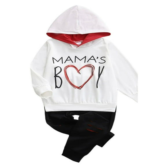 Mama ‘s Boy Hooded Pullover Set Letter Heart Print Sweatshirt Elastic Pants Toddler Boys Outfits