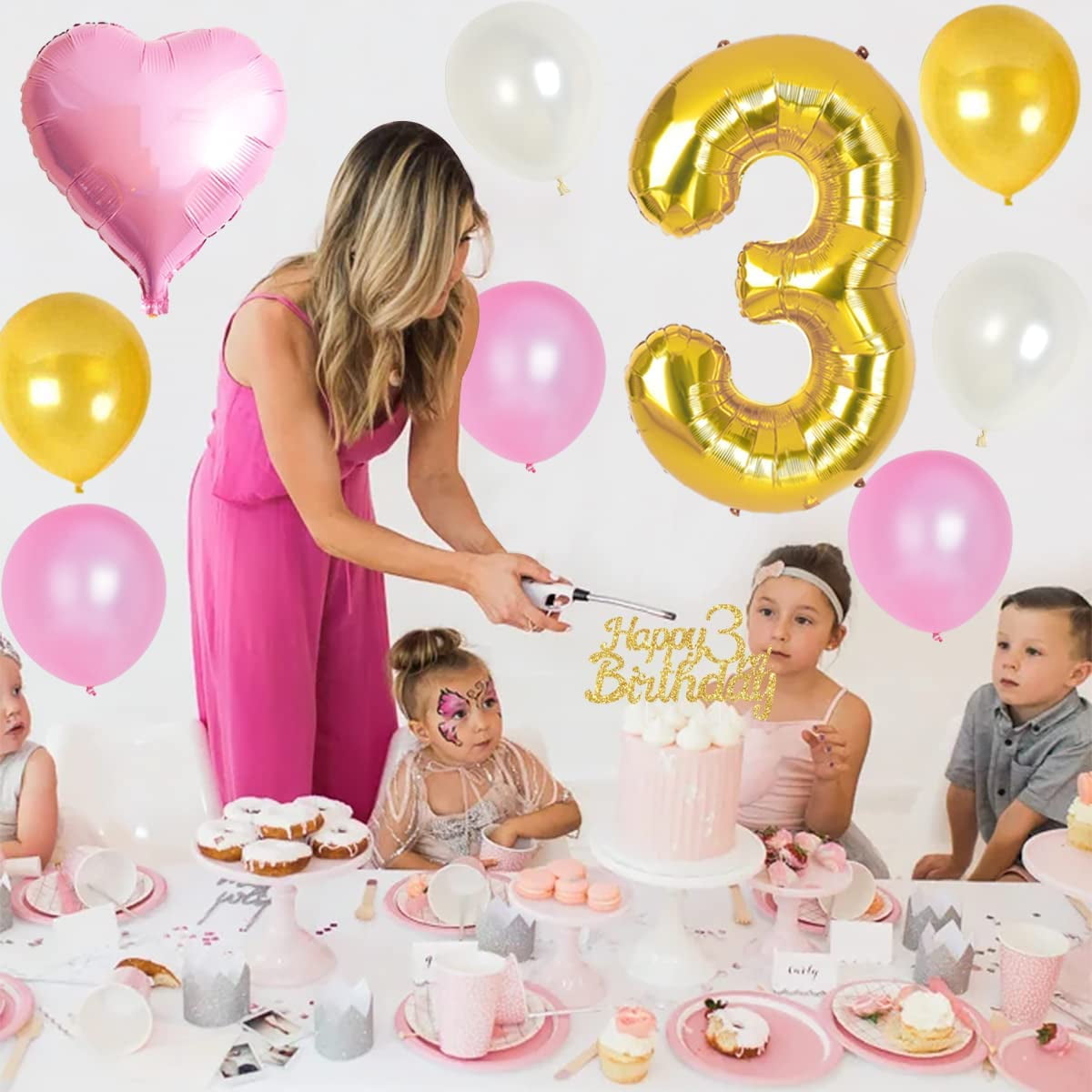 3rd Birthday Party Decorations for Girls Pink and Gold - Happy Birthday Banner Cake Topper, Gold Little Miss Threenager Garland, Large Number 3 Foil Balloon and Pink Heart Balloons