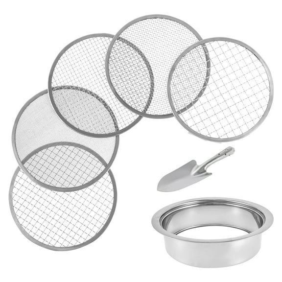 Soil Sifter Stainless Steel Riddle Sieve Set for Gardening with 5 Sizes 9.45" Diameter 1/3/6/9/12mm Interchangeable Meshes - Garden Potting Sieves with Shovel - Planting Soil Sifters Strains