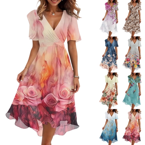 JoveMarine Summer Dresses for Women Vintage Floral V - Neck Short Sleeve Ruffled Swing Dress with Casual Flowy Hem for Party Events,Black L