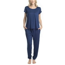 Hanes Women's Short Sleeve Top and Jogger Pajama Pants, Navy, Medium