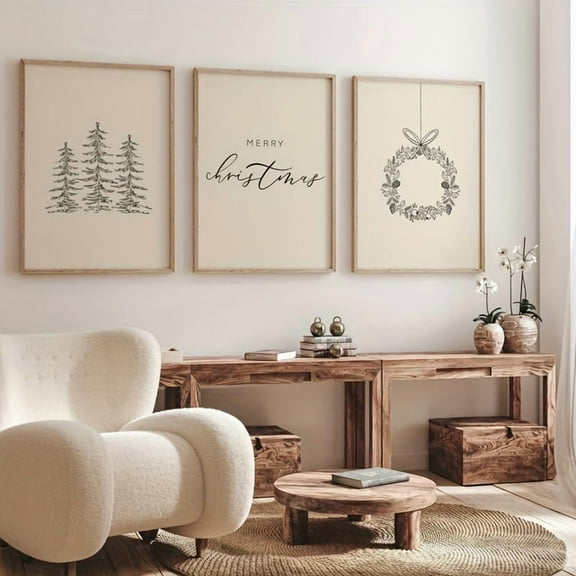 3pcs Minimalist Christmas Canvas Art Set - Frameless Modern Wall Decor for Living Room & Bedroom, Polyester, Christmas Decor, Perfect for Room Decor