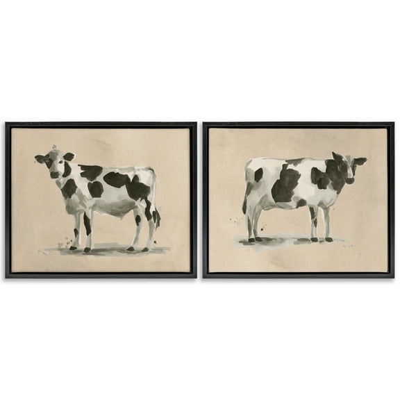 Stupell Industries Beige Holstein Cow Portrait Animals Painting Black Floater Framed Canvas Art Print Wall Art, 21 x 17, Set of 2