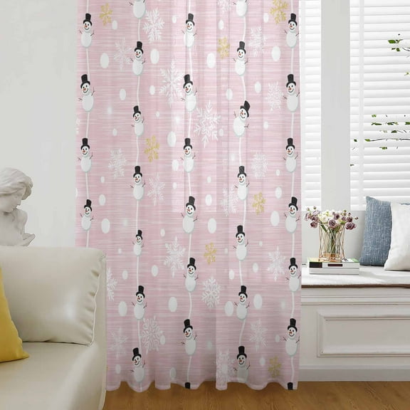 Christmas Snowman Pink Semi Sheer Curtains Drapes for Living Room, Bedroom, French Doors Window 54 Inches Long, Winter Snowflakes Xmas Retro Rod Pocket Chiffon Curtain Drapery Voile Draperies Panel