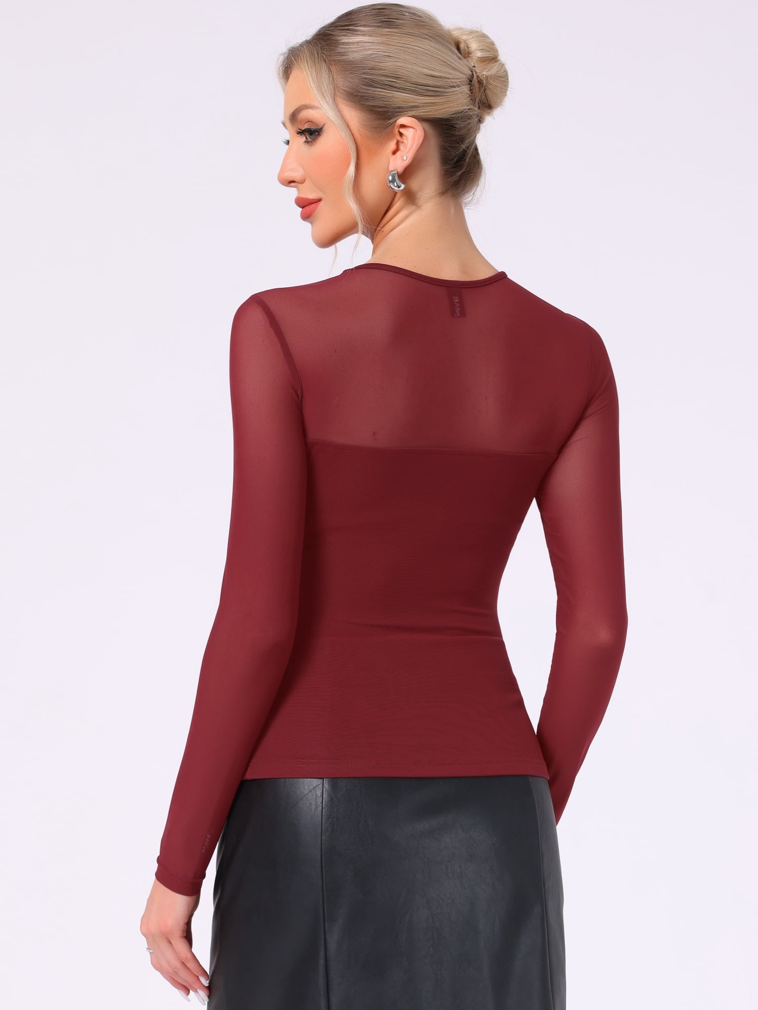 DARING DIVA Women's Mesh Long Sleeve See Through Sheer Top XS Dark Red