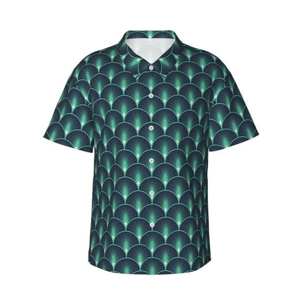 Fotbe Green Vintage Peacock Camisa Hawaiana para Hombre Unisex – Camisa Casual de Verano con Botones de Manga Corta de Algodón y Lino,X-Large