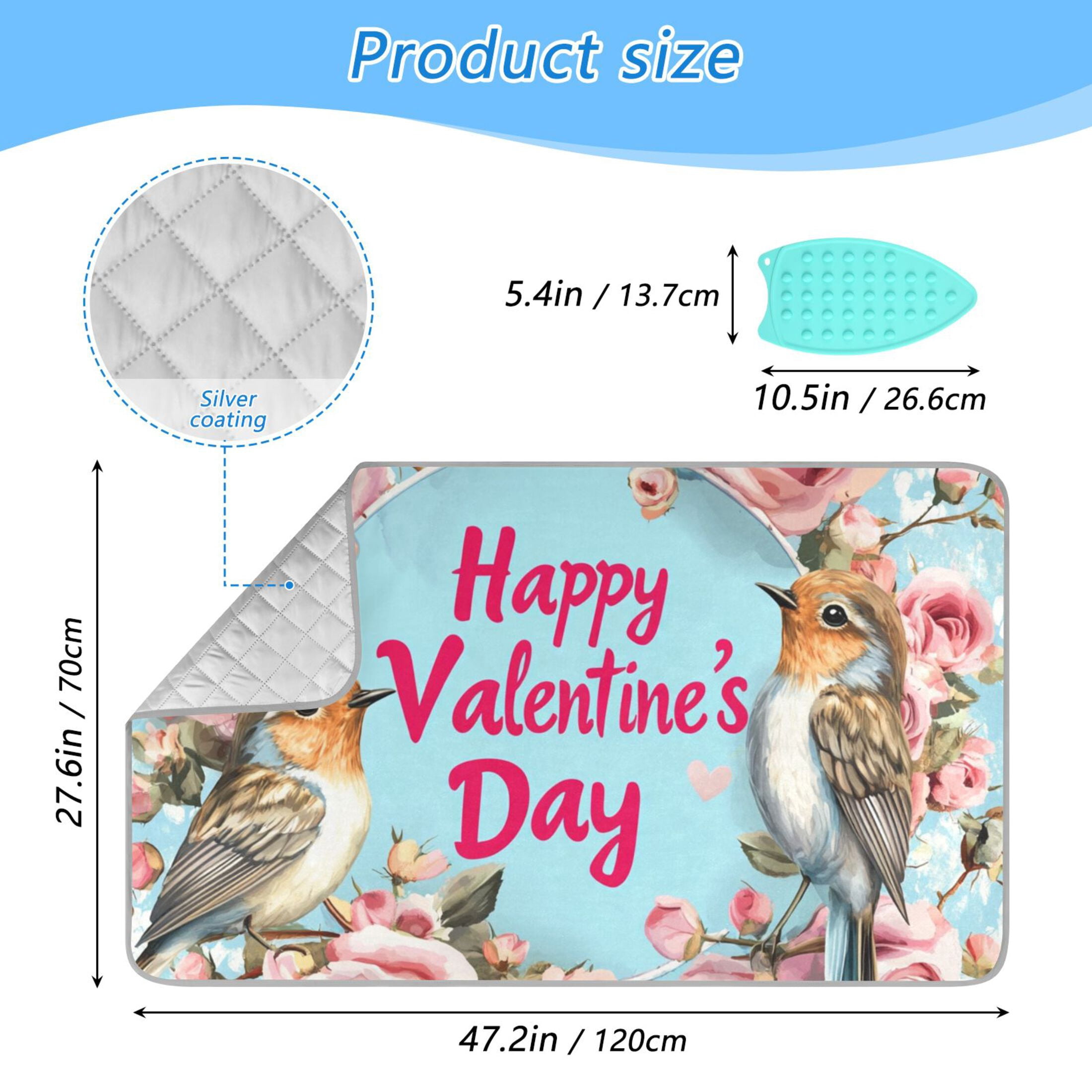 Birds Roses Happy Valentine's Day Ironing Mat Blanket Portable Travel Ironing Pad Heat Resistant Pad 47.2" x 27.6”