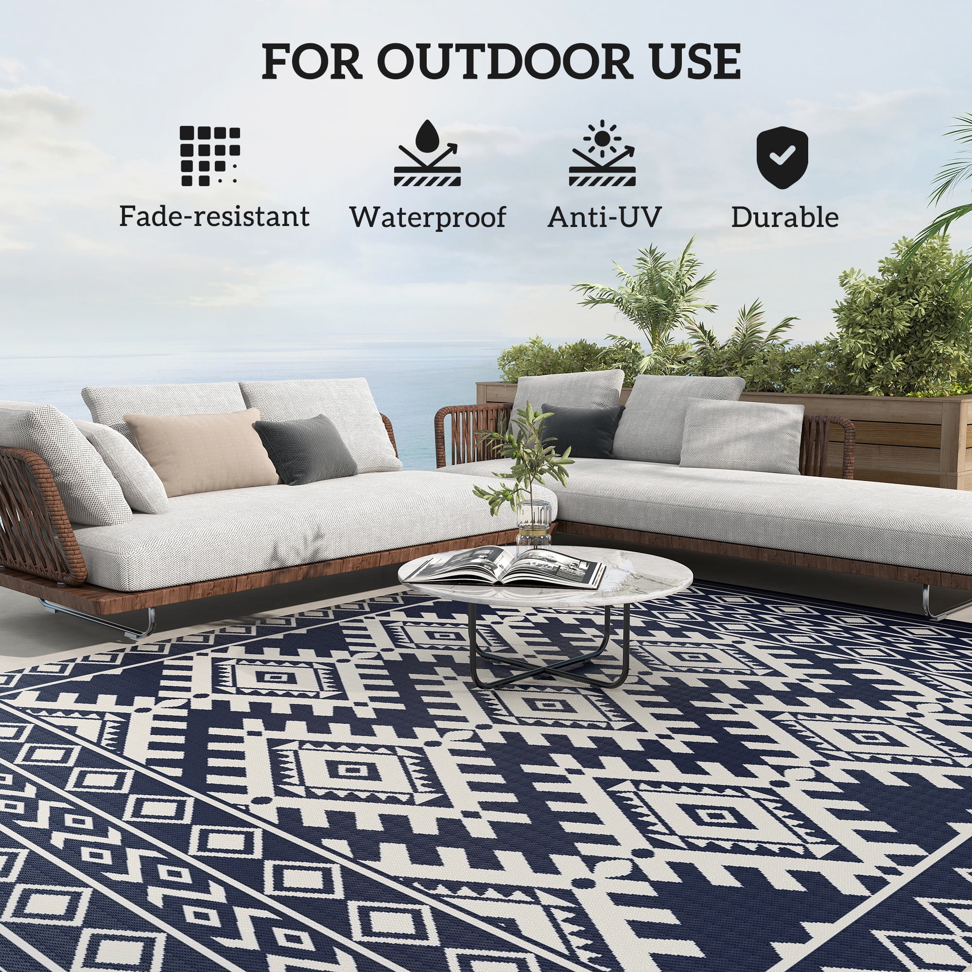 Outsunny Outdoor Patio Rug, Large Camping Carpet with Carrying Bag, 8' x 10' Waterproof Plastic Straw, Reversible, Blue & White Rhombus Border
