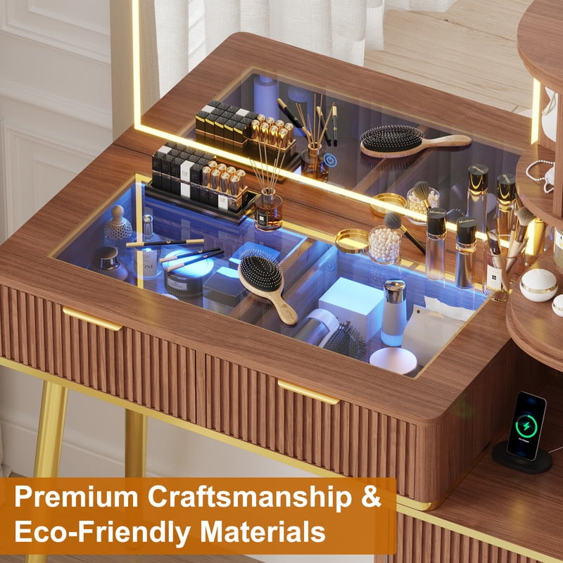 41.7" Fluted Makeup Vanity Desk with Large 30" Mirror and Rotating Cabinet, Modern Glass Top Big Vanity Table with 4 Drawers & Lights, Dressing Table Set Charging Station for Bedroom