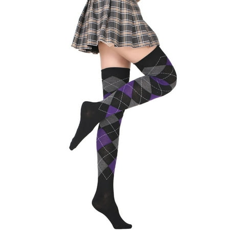 

Women Girls Student Thigh High Socks European College Style Vintage Colorful Argyle Plaid Pattern Over Knee Stockings