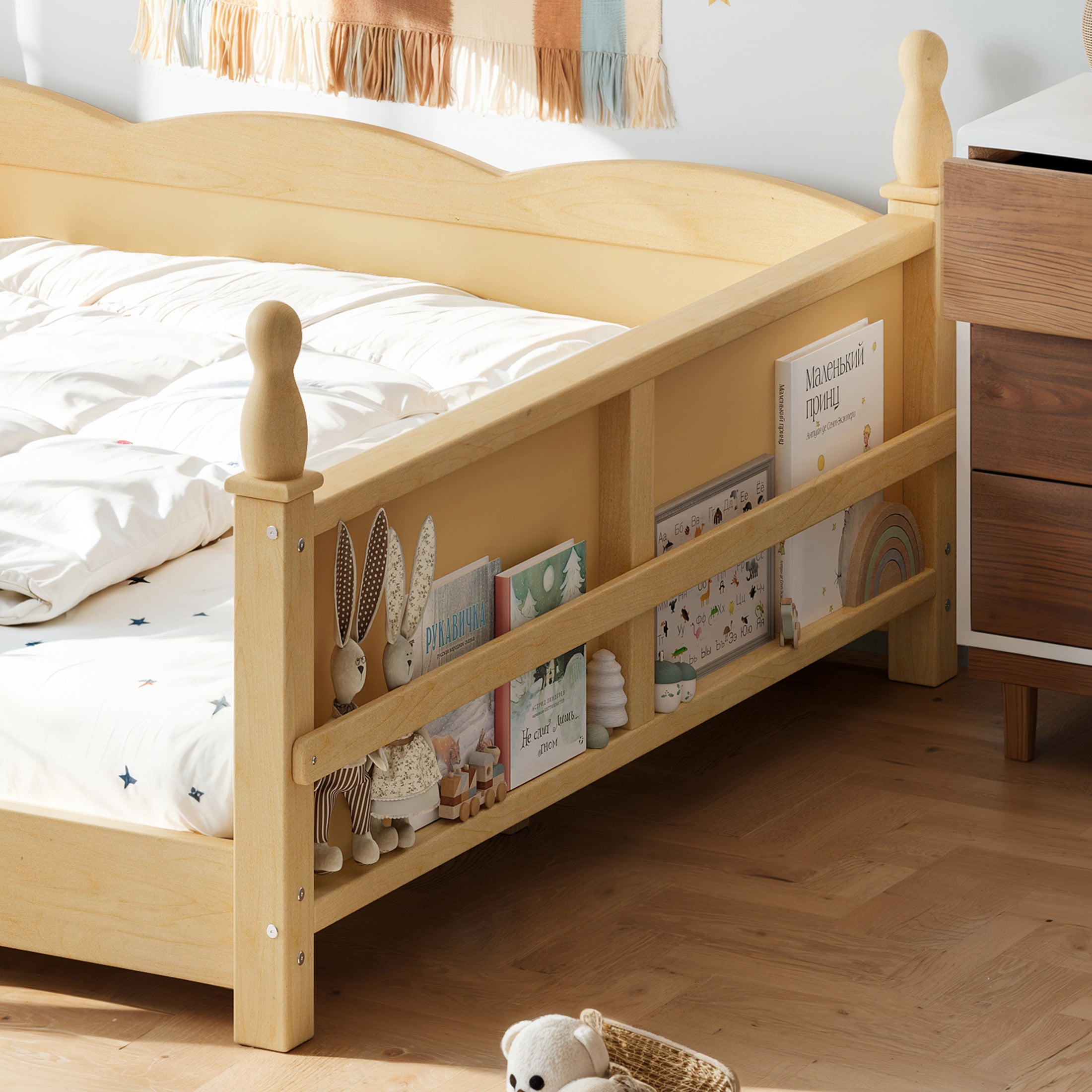 GDF Studio Full Size Montessori Floor Bed with Guardrails & Side Bookshelf, Childlike Design, Natural