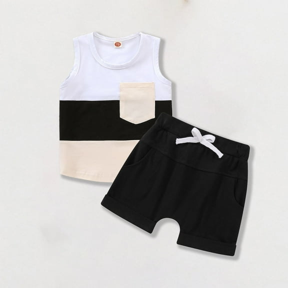 Toddlers Kids Short Sets 2 Piece Cotton Outfits with Pockets 9M-4Y Boys Color-Block Tank Tops and Shorts Going-Out Suits Set Summer