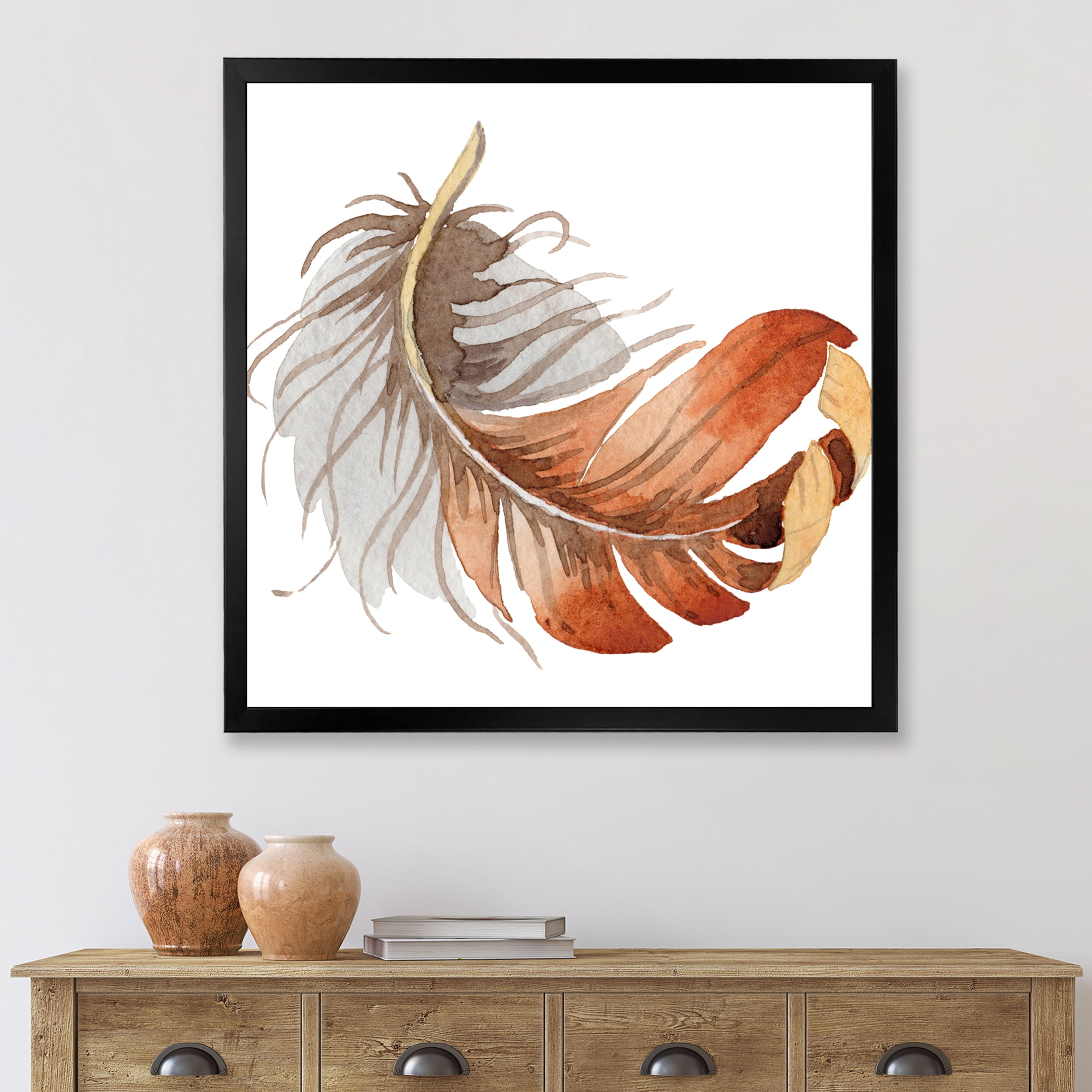 Designart 'Orange Ethnic Bird Feather On White' Bohemian & Eclectic Framed Art Print
