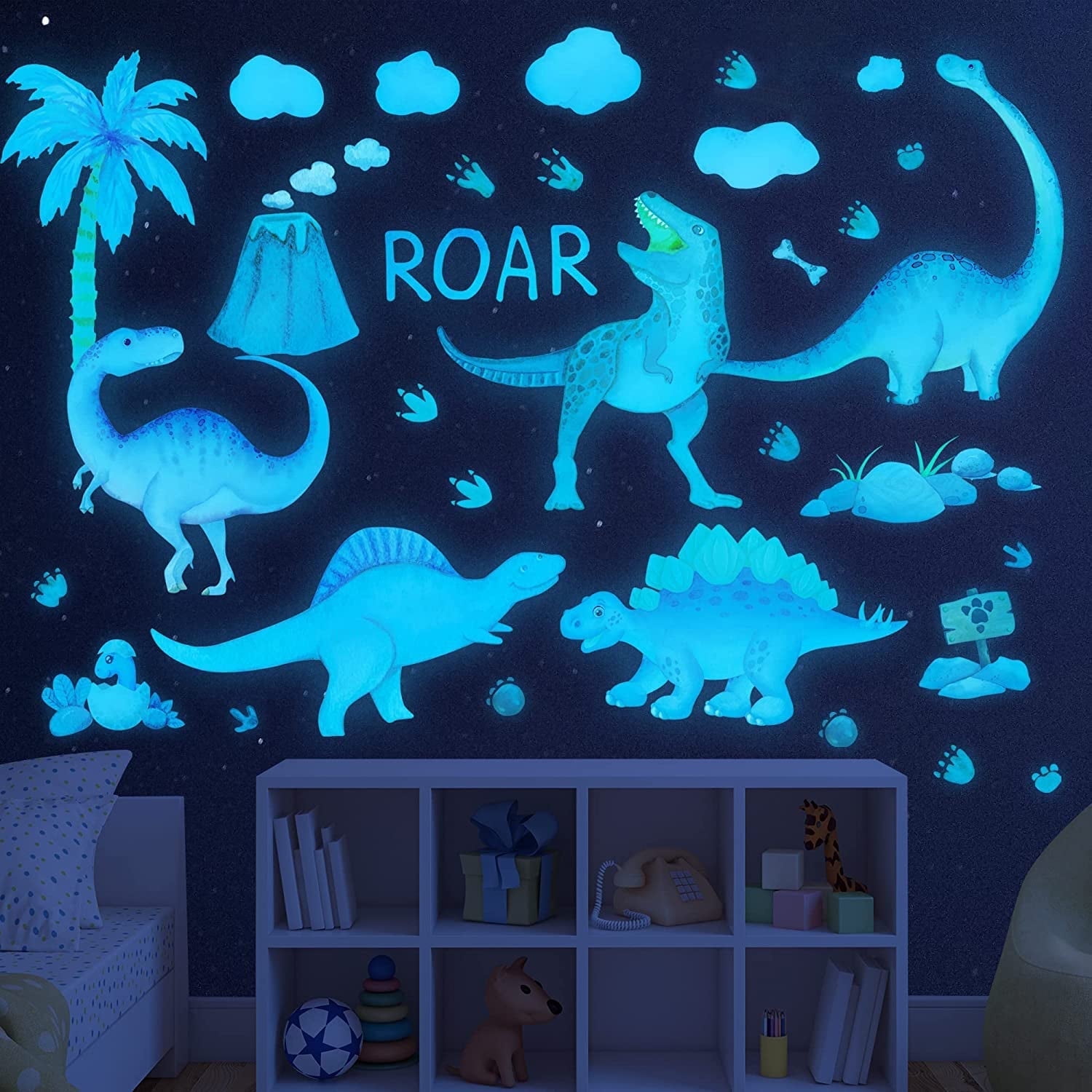 Glow in The Dark Dinosaur Wall Decals, Glowing Stickers for Ceiling, Boys Bedroom Decoration, Large Luminous Removable Dinosaur Wall Decor for Nursery Birthday Gift