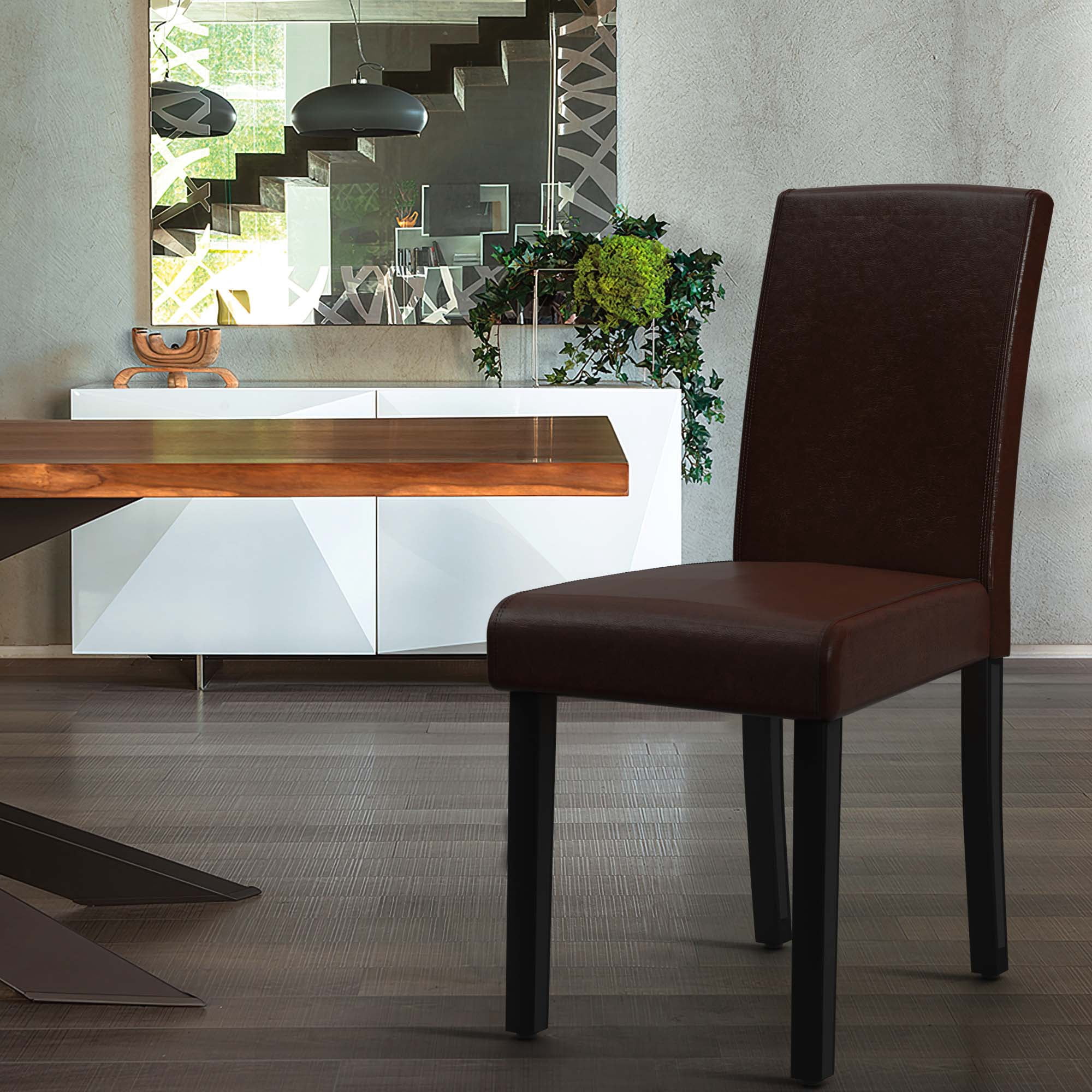PU Dining Chairs Set of 2 Large Dining Chair with Wood Legs,Brown