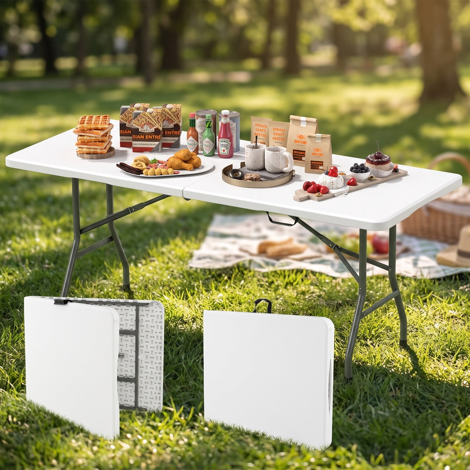 Furnibear 6 FT Portable Folding Table, 350 LBS Fold-in-Half Utility Table with Waterproof HDPE Tabletop and Carrying Handle for Picnic Camping Party Indoor, White