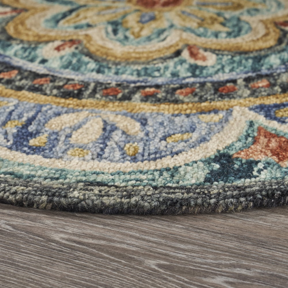 Ox Bay Elisa 4' Round Blue/Black Floral Medallion Indoor Area Rug