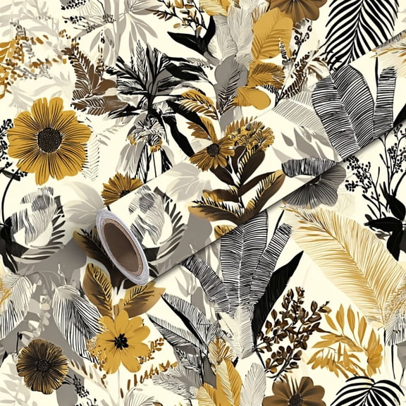 Peel and Stick Wallpaper Contact Paper Botanical Floral Tropical Leaves Flowers Mustard Gold Black Neutral Self Adhesive and Removable 17.7in x 118in