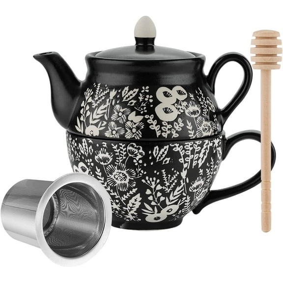 Taimei Teatime Tea Sets for Aduts, Black and White Ceramic Tea for One with Teapot and Cup Set, Including Infuser for Loose Leaf Tea & A Honey Sticker