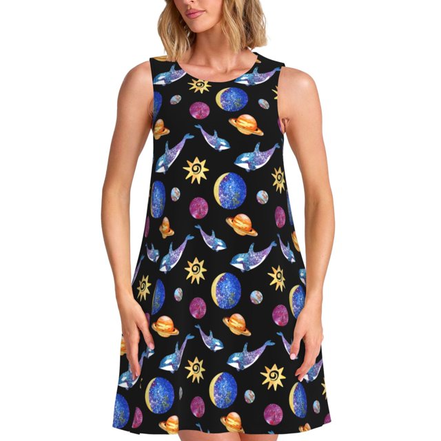 Balery Whales In Space Vestidos de verano para mujer con estampado: vestido holgado sin mangas, vestido playero informal y cómodo para días calurosos.