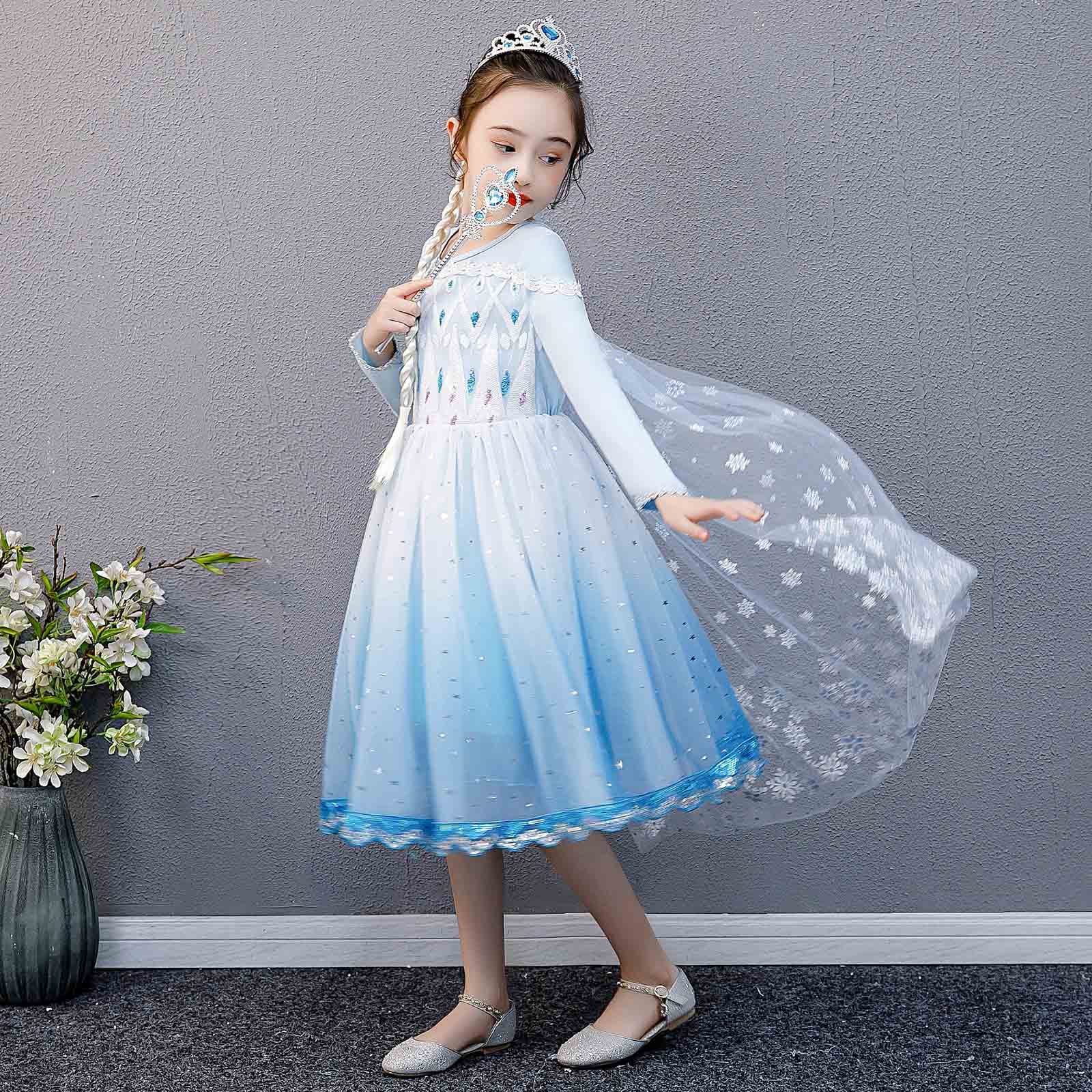 Elsa Snow Queen Doll Snow Queen Long Sleeve Princess Elsa Costume | Girls Frozen  Dress For Halloween & Parties | Blue Glitter Dress Elsa Costume For Girls
