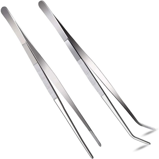 2 pinzas rectas y curvas de acero inoxidable con mango largo de 12 pulgadas, juego con puntas dentadas, cómodo mango estriado