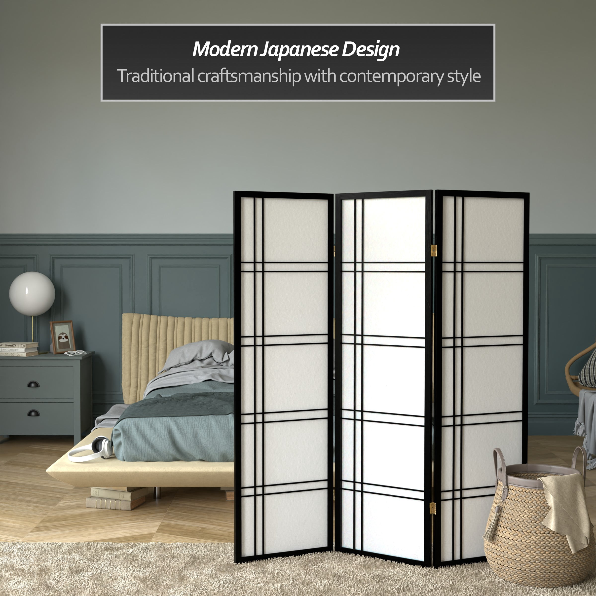 5 ft. Tall Black Japanese Double Cross Lattice Freestanding Shoji Screen - 3 Panels