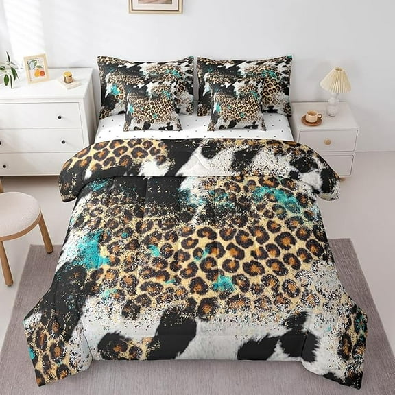 7 PiecesTwin Size Leopard Print Comforter Set,Black White Cow Texture Abstract Animals Bedding Set,Rustic Farmhouse(Comforter Fitted Flat Sheet 2 Pillowcases 2 Throw Pillow Covers