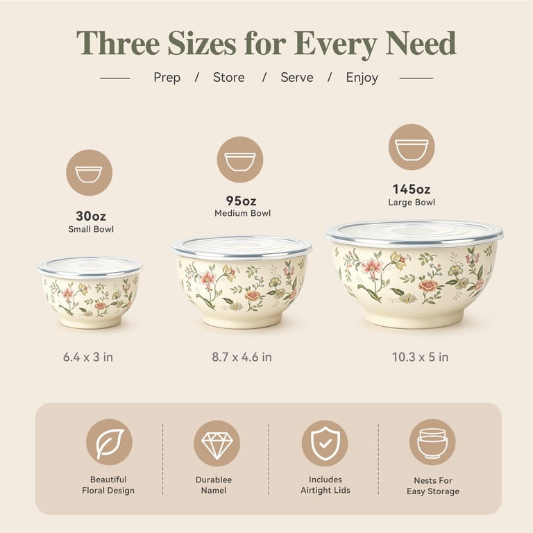 TINANA 3-Piece Enamel Mixing Bowls with Lids, Vintage Floral photo 2