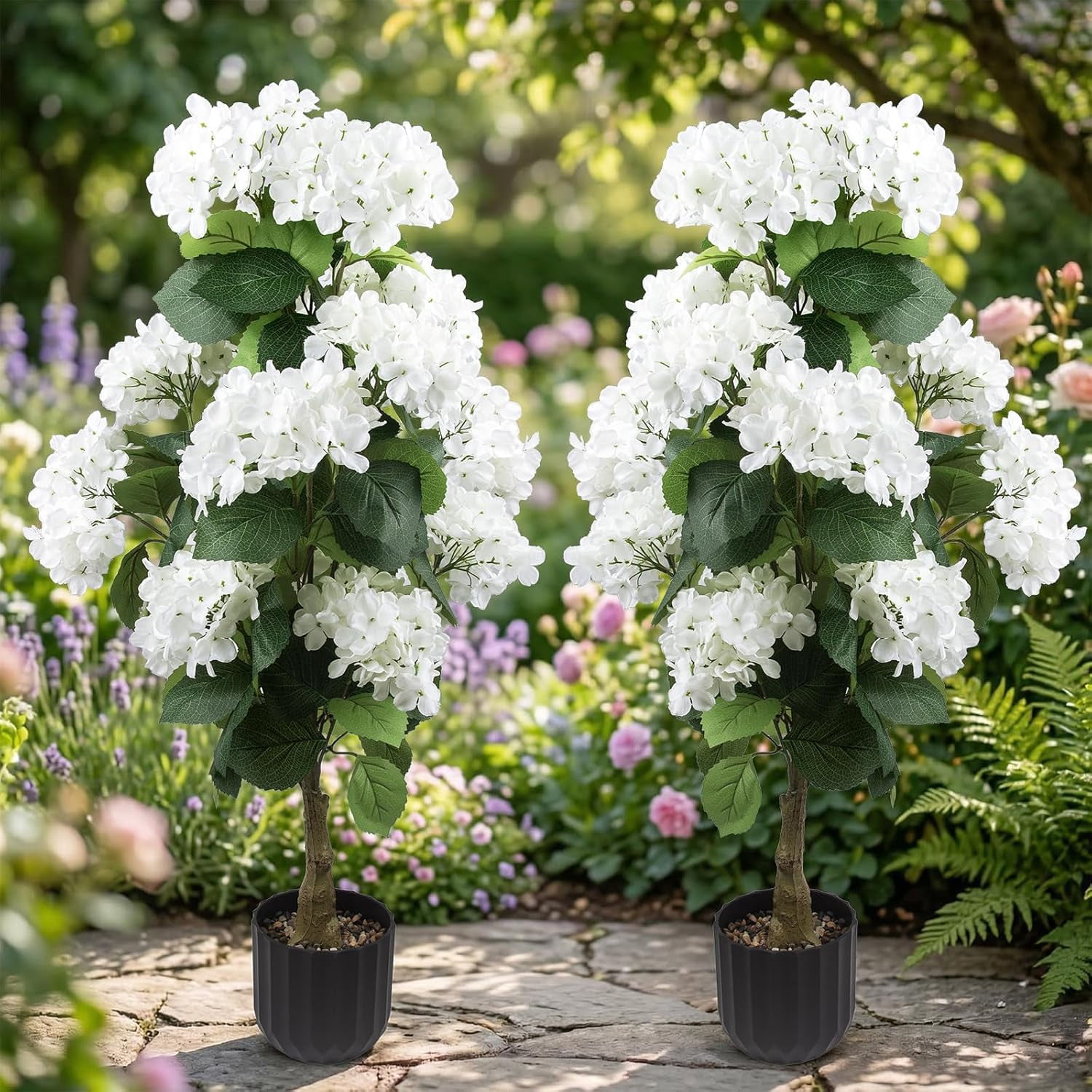 2Pcs 3-Foot Artificial Hydrangea Tree White and Evergreen Leaves Suitable for Indoor and Outdoor Bonsai Decoration