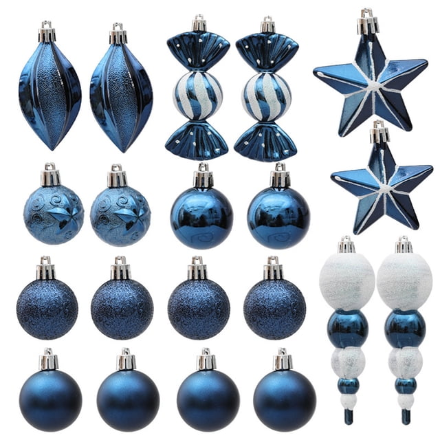 Adornos Navideños De Plástico Juego de 29 adornos navideños colgantes de plástico azul con bolas pintadas de formas variadas para decoración navideña Yulucky