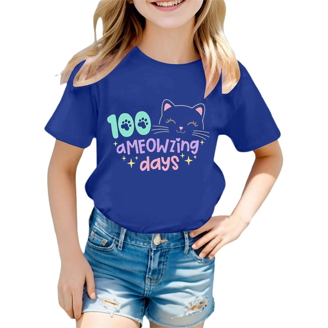 Rhuody Hauts Fille T-Shirt à Manches Courtes T-Shirt à Lettres Coupe Ample Rentrée des Classes Col Rond Haut Mignon Bleu 1-2 Ans