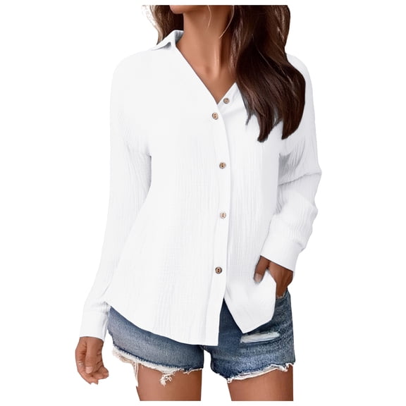 GEWSEY Long Sleeve Tops for Women 2025 Button Down Shirts Women Oxford Shirt Cotton Dress Shirts Collared Free Blouse Tops (White, XL)