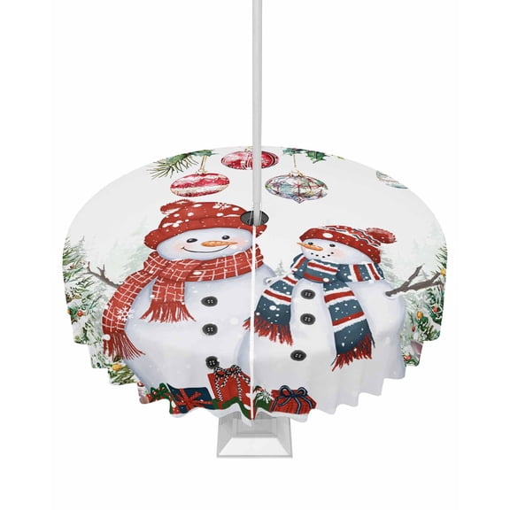 Boanket Outdoor Tablecloth with Umbrella Hole for Patio/Picnic/Party/Camping, Snowman Christmas Waterproof Table Cloth Round Cover Washable, Balls Xmas Botanical Tree (Dia 60")