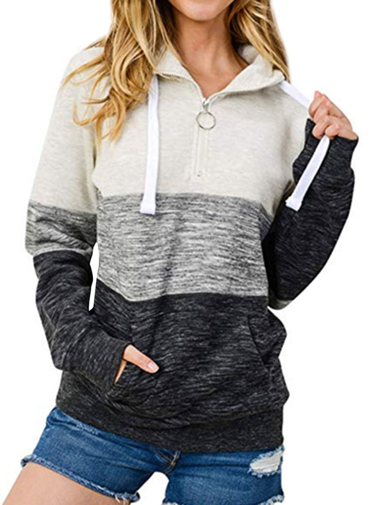 ZXZY Women Colorblock Zipper Lapel Neck Long Sleeves Pocket Hooded Shirt