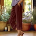 thumbnail image 2 of Outfmvch Flowy Pants Linen Palazzo Trousers Wide Leg Crop Pants Women High Waisted Wide Leg Cotton Linen Pants Pull On Elastic Flowy Cropped Beach Work Trousers Loose Fit Wide Leg Wine S-5XL, 2 of 5
