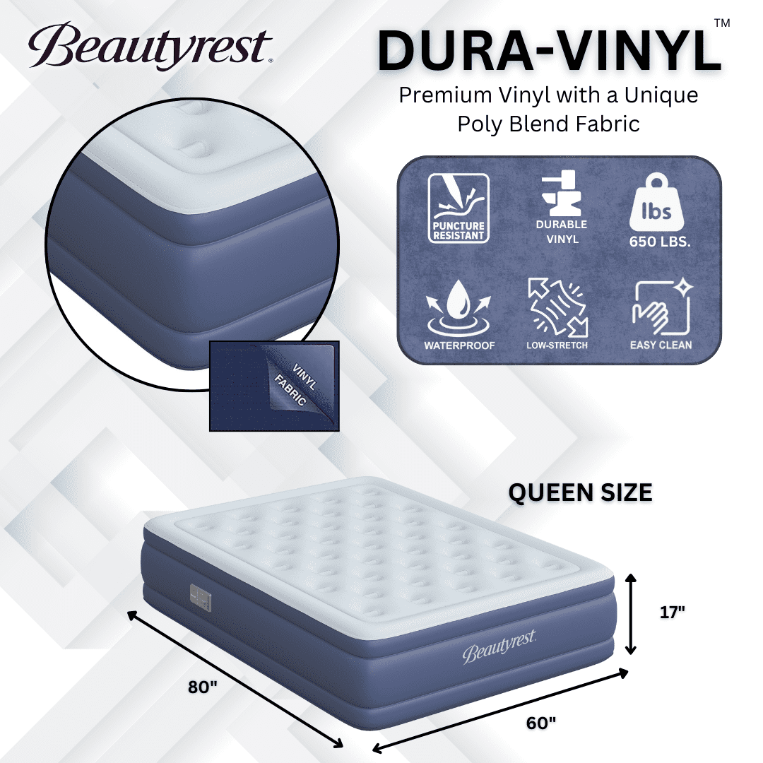 Beautyrest 17" Supreme Air Auto Shut-Off Air Mattress with Built-in SureLock Pump, Queen Size, 3-Year Warranty, Supports 650 lbs, Best for Home, Camping, Guests