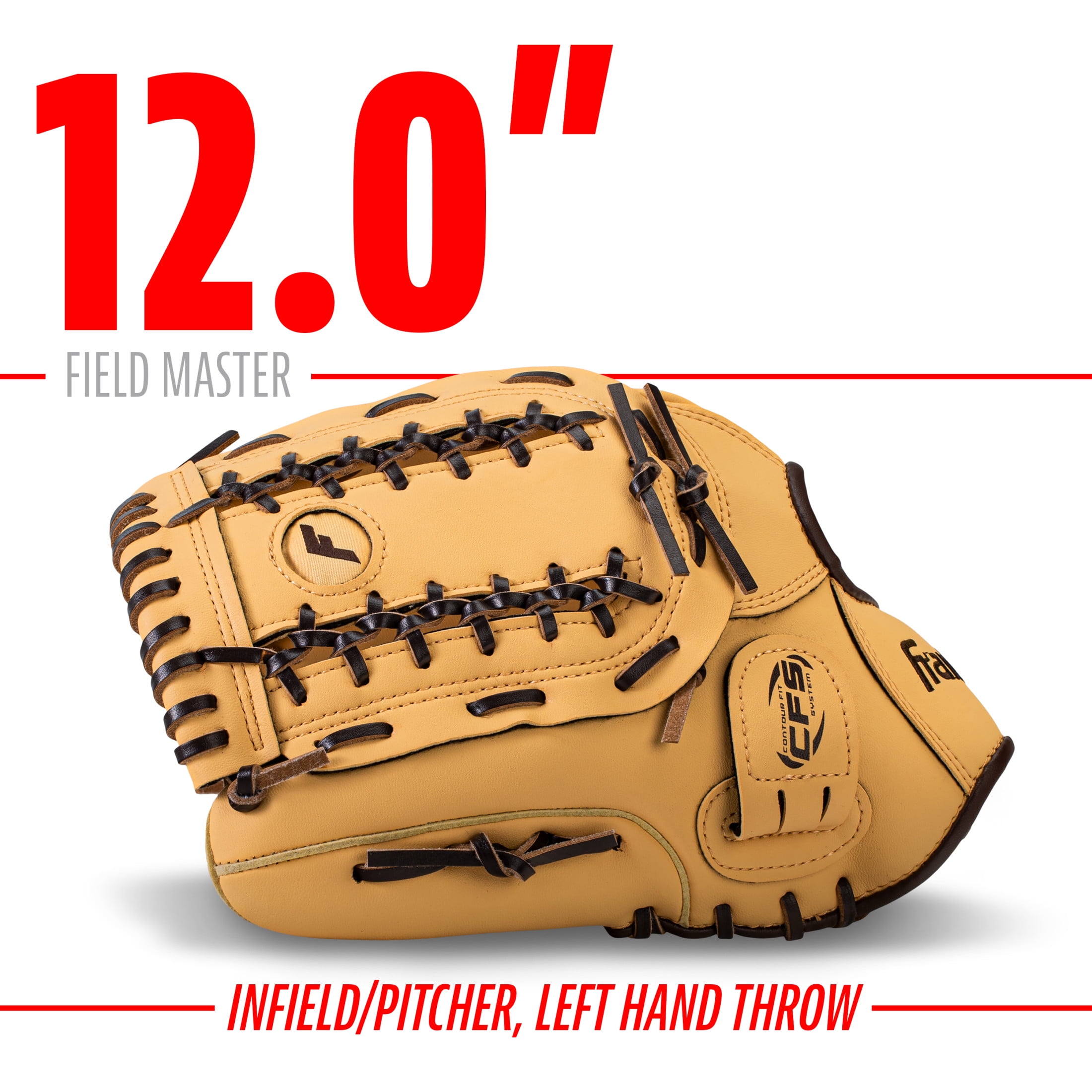 Franklin Sports Field Master Baseball + Softball Glove, 12 in, Camel Brown, Left Hand Throw