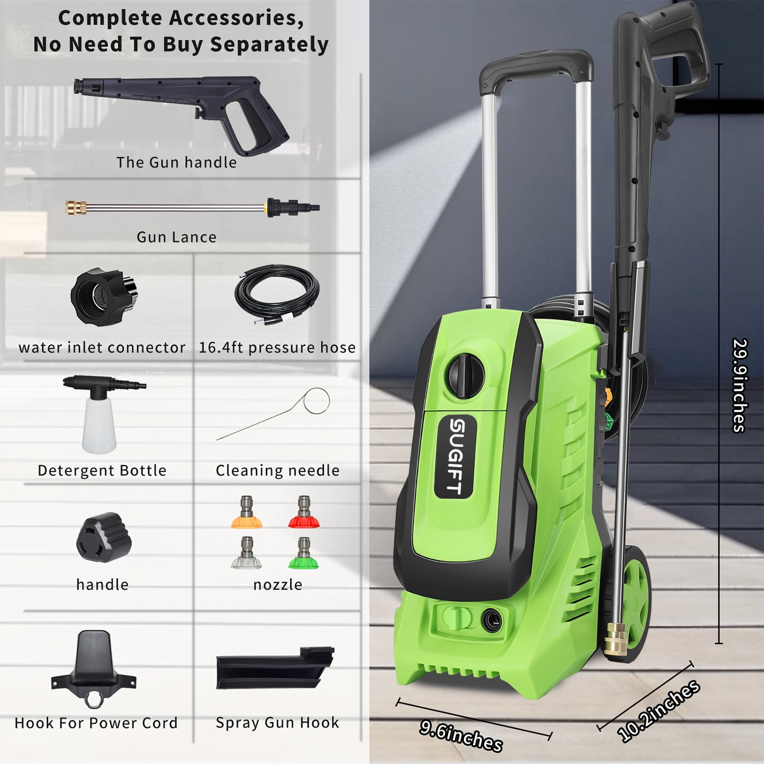 Sugift 3000 Maximum PSI 2 GPM 13 Amp Cold Water Electric Pressure Washer with 5 Nozzles