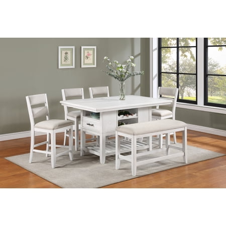 Counter Height Dining Set White Solid Wood 6-Piece Rectangular Table with Wine Bottle Storage Drawer Open Shelf 4 Upholstered Chairs and Bench 60 Table for Dining Room