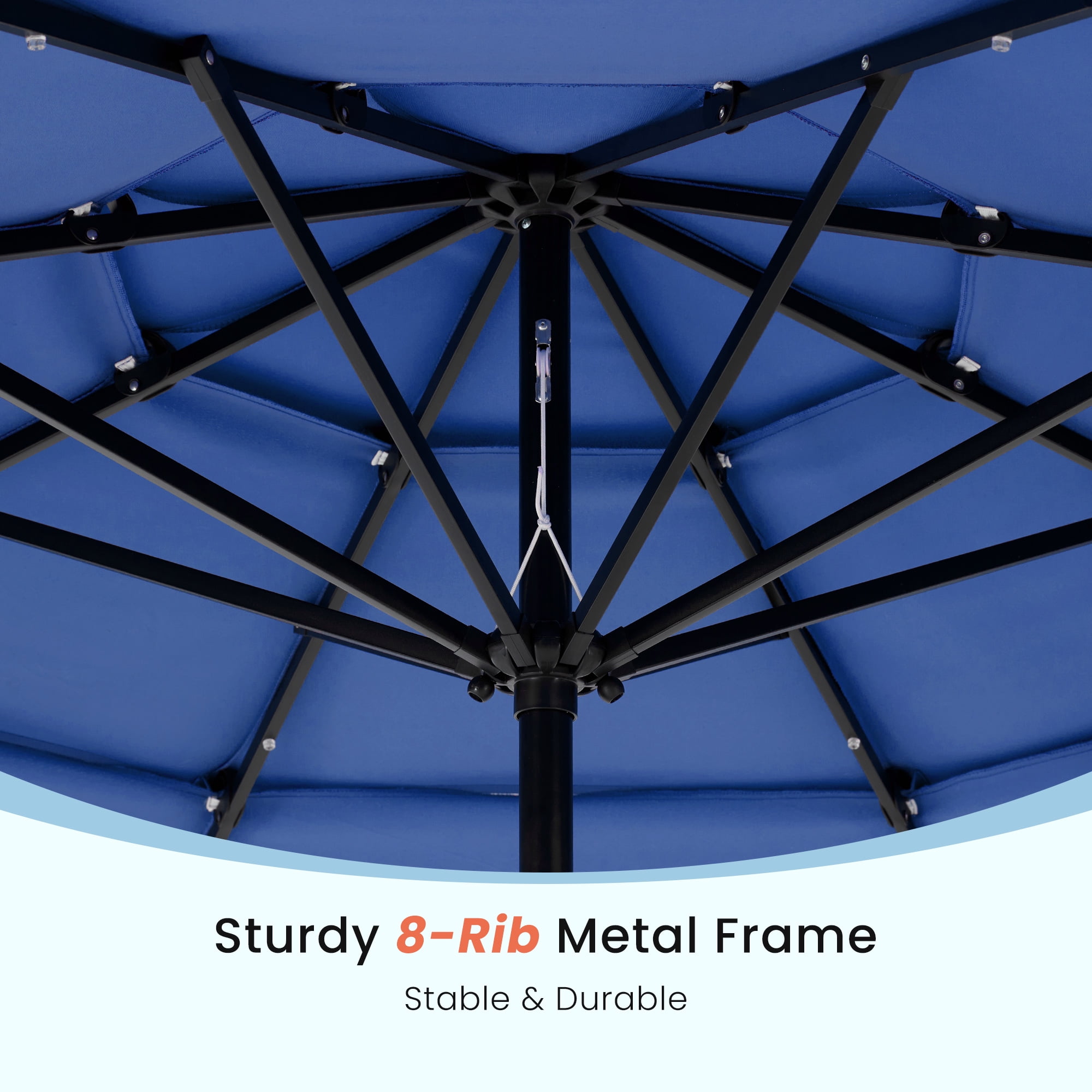 EDX 10ft 3-Tier Solar Patio Umbrella with 32 LED Lights, Outdoor Umbrellas with Push Button Tilt and Crank,Navy Blue