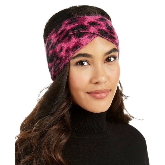 DKNY Women's Fuzzy Animal Print Soft Knit Twist Headband, Pink