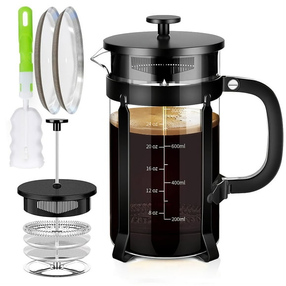 YMMIND Cafetera de prensa francesa Prensa de café de acero inoxidable 304 de 34 oz, con sistema de 4 filtros, vidrio de prensa francesa de borosilicato de espesor resistente al calor, émbolo de café d