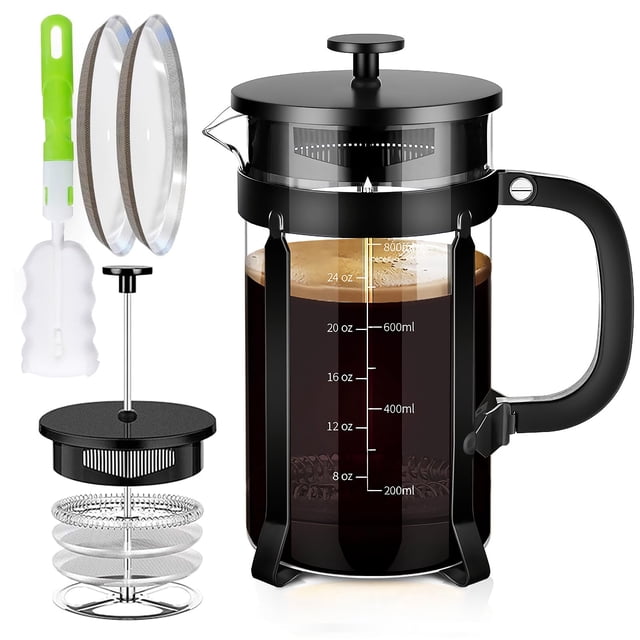 YMMIND Cafetera de prensa francesa Prensa de café de acero inoxidable 304 de 34 oz, con sistema de 4 filtros, vidrio de prensa francesa de borosilicato de espesor resistente al calor, émbolo de café d